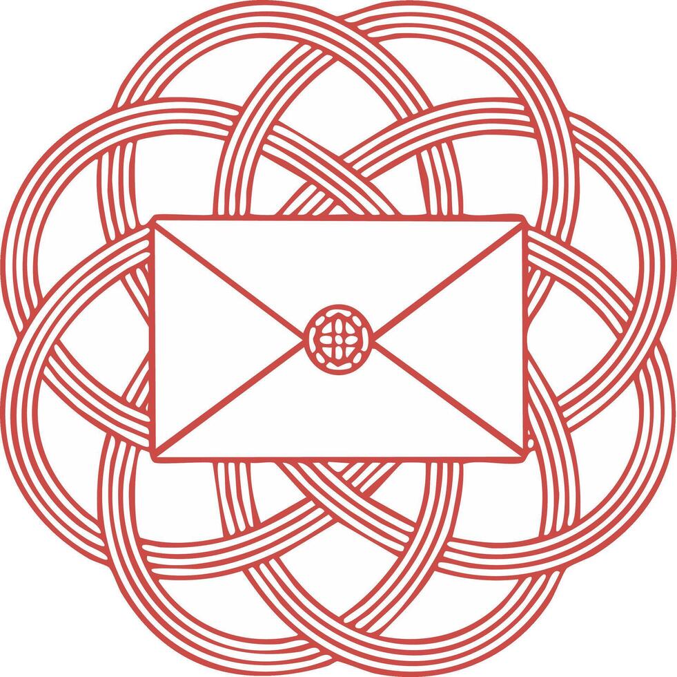Red Envelope with Globe Seal Within Complex Interwoven Celtic Knot Circle Design vector