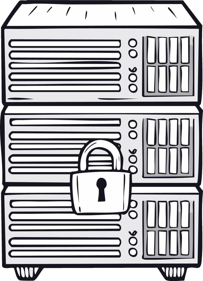 Server rack secured with a padlock symbolizing data protection and cybersecurity vector