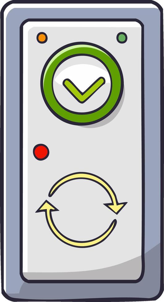 Cartoon interface panel with a green checkmark, a circular arrows, and indicator lights on a gray base vector