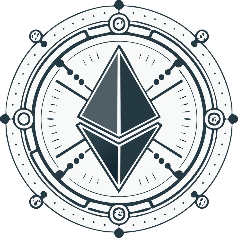 Stylized Ethereum crypto symbol inside a futuristic technical network emblem vector