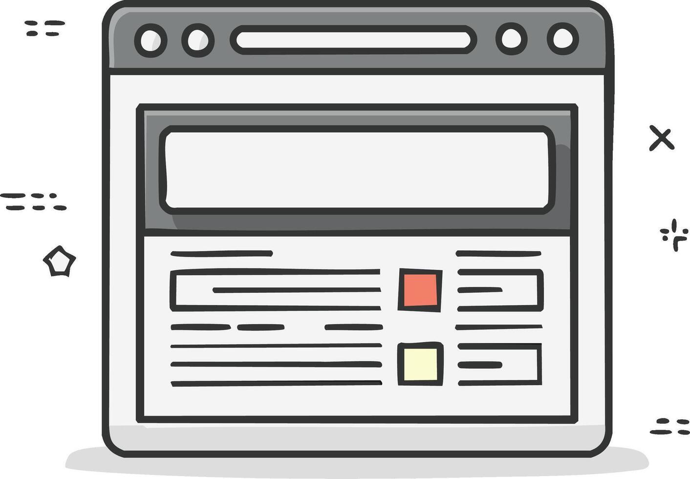 Stylized web browser window with search bar and website content layout vector