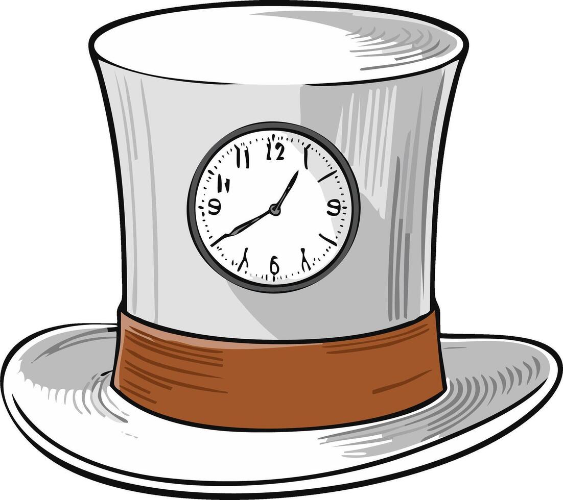 Cartoon top hat with a clock on its side displaying the time, whimsical, symbolic, and illustrative rendering vector