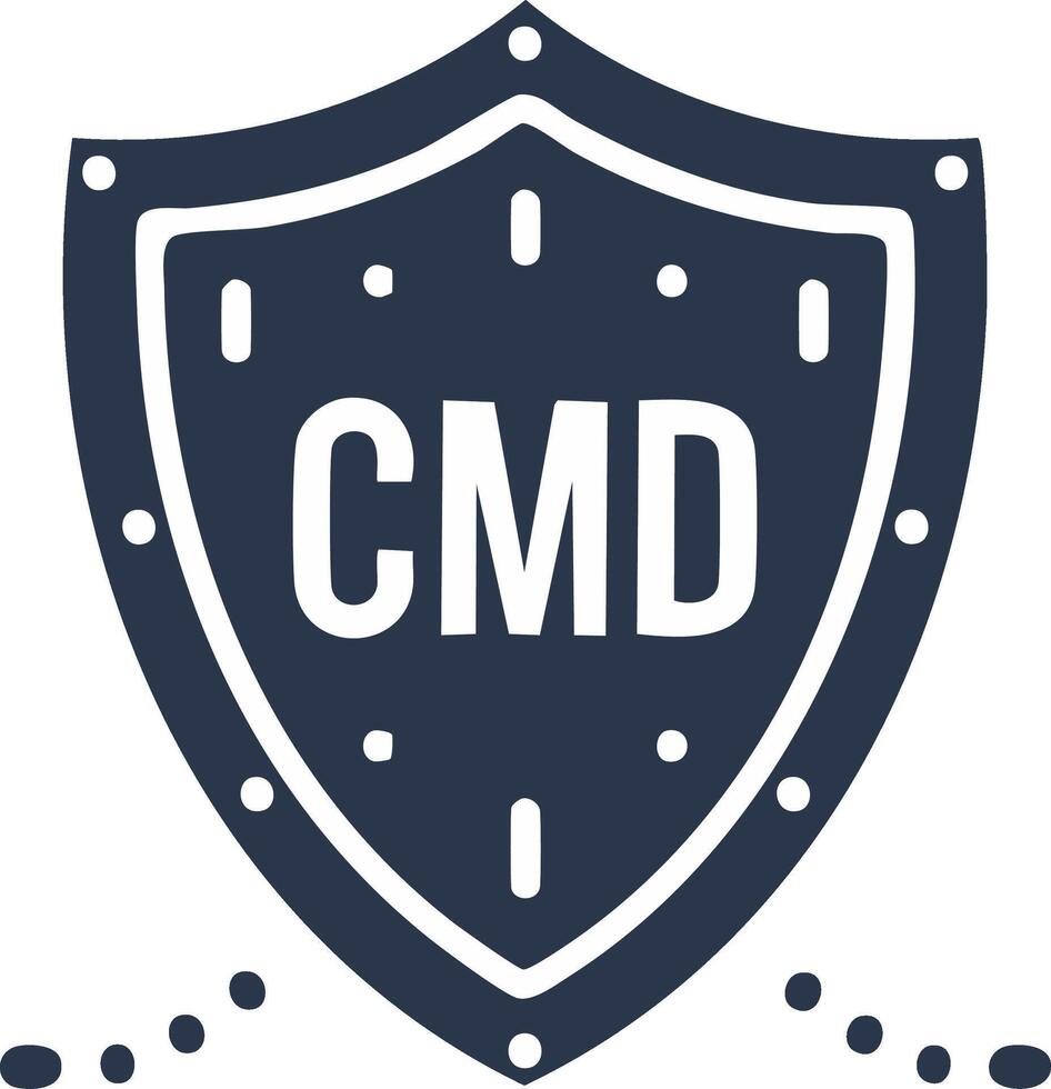 CMD Command letters in a protective shield icon with clock elements symbolizing security and control vector