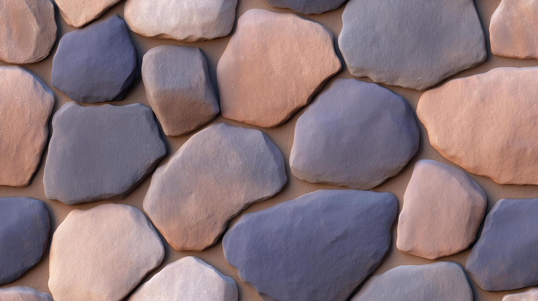 Close-up view of a textured stone wall, featuring a mix of muted earth tones, including shades of gray, beige, and brown. The irregular, naturally-shaped stones create a visually appealing pattern. photo
