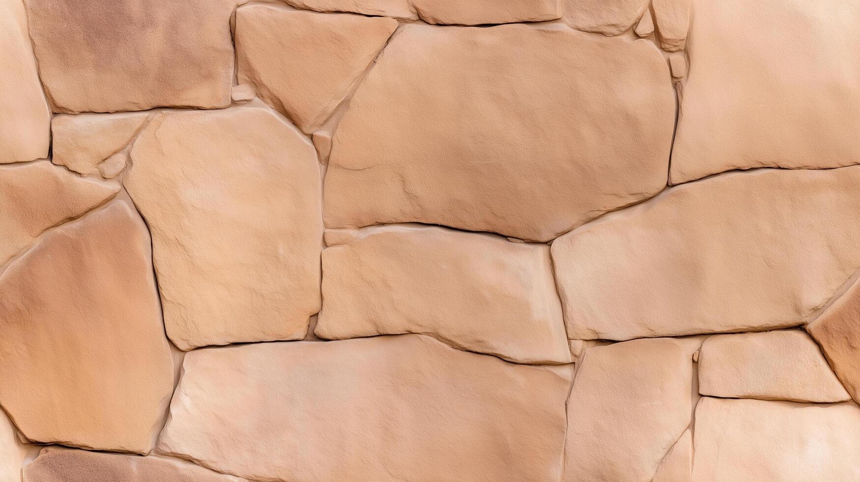 A close-up view of a textured stone wall featuring irregular, light beige blocks, showcasing a natural stone pattern. photo