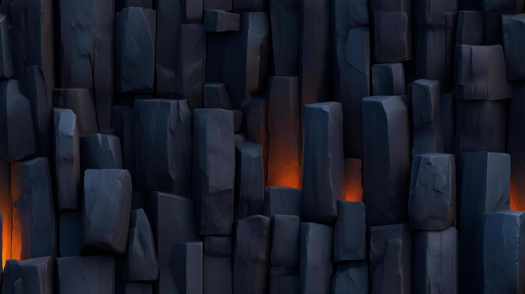 A dark, dramatic backdrop showcases a wall of jagged, rectangular basalt columns, with glowing orange embers visible within some crevices. photo