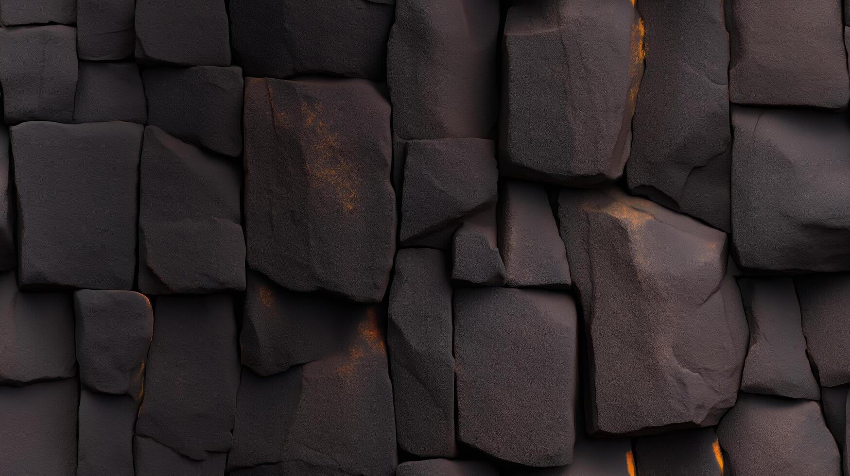 Dark, textured stone blocks create a strong and imposing wall, showing intricate patterns and varied shapes. photo
