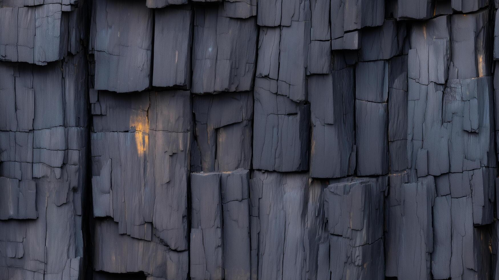 A close-up view of dark gray stone blocks, exhibiting intricate, fractured patterns and a textured surface. photo