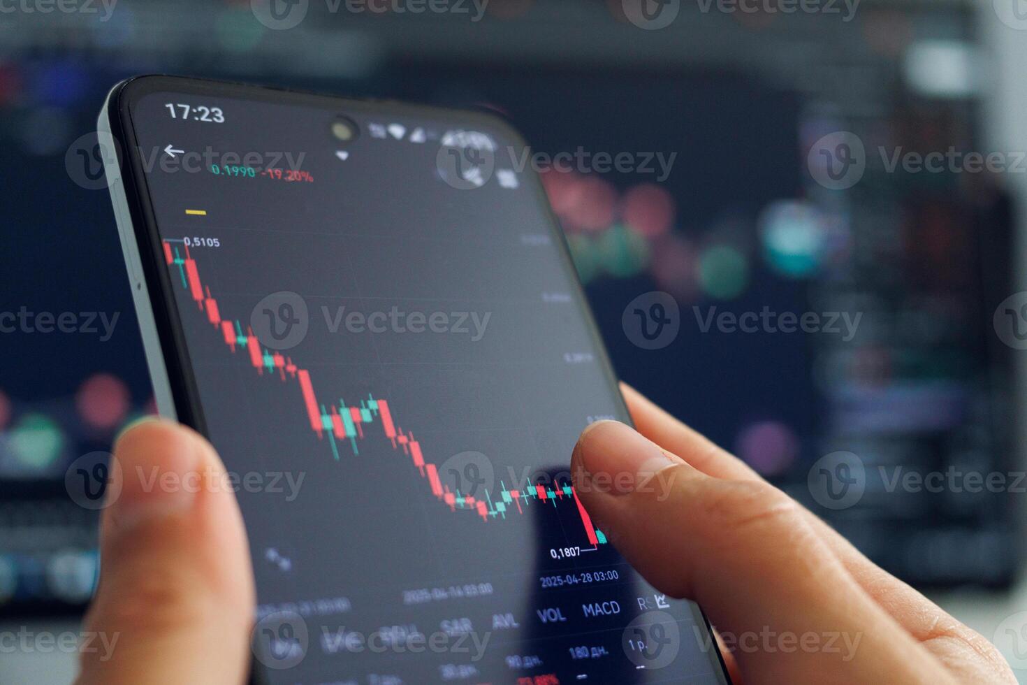 A persons hands hold a smartphone displaying a declining stock market chart with mostly red candlesticks, indicating a negative trend, against a blurred backdrop of a larger financial data screen photo