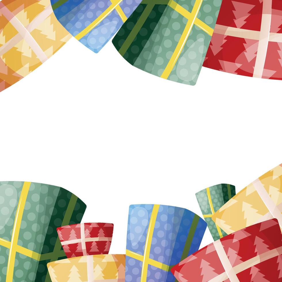 square frame for text. gift boxes are located at the top and bottom, space for text in the center vector