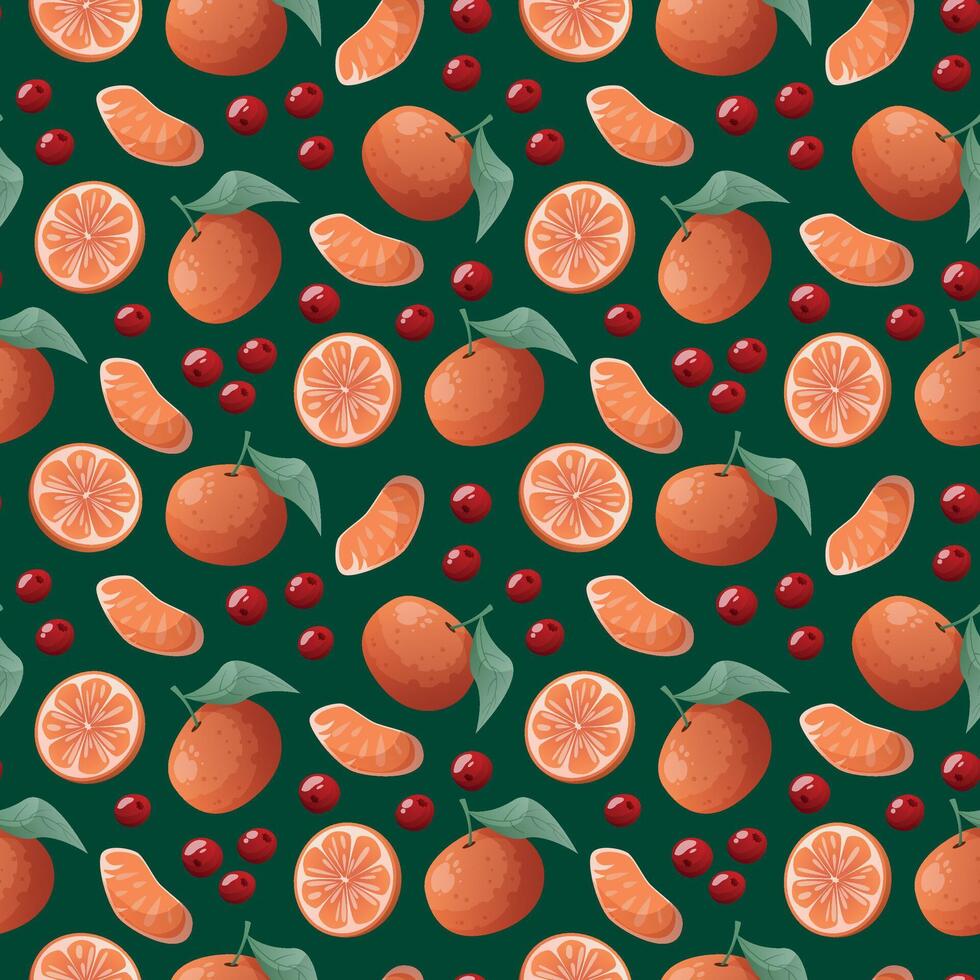 rich seamless pattern with oranges, lingonberries, and cranberries on a deep dark green background. vector