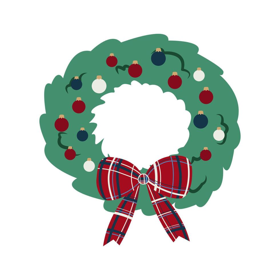 A New Year's wreath decorated with baubles and a blue and red checkered bow on a white background. A Christmas wreath made of spruce and pine branches. A round frame of pine branches with ornaments. vector