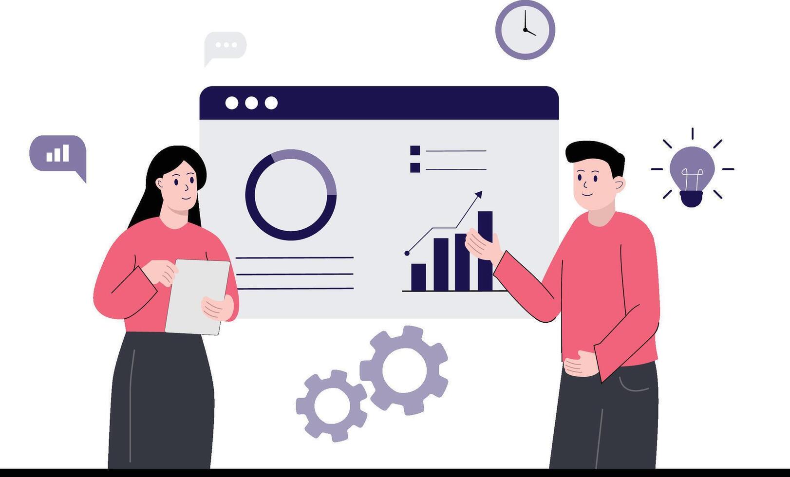 negocio profesionales colaborando en datos análisis y estrategia planificación, presentando diverso gráficos, gráficos, y íconos en un digital tablero vector