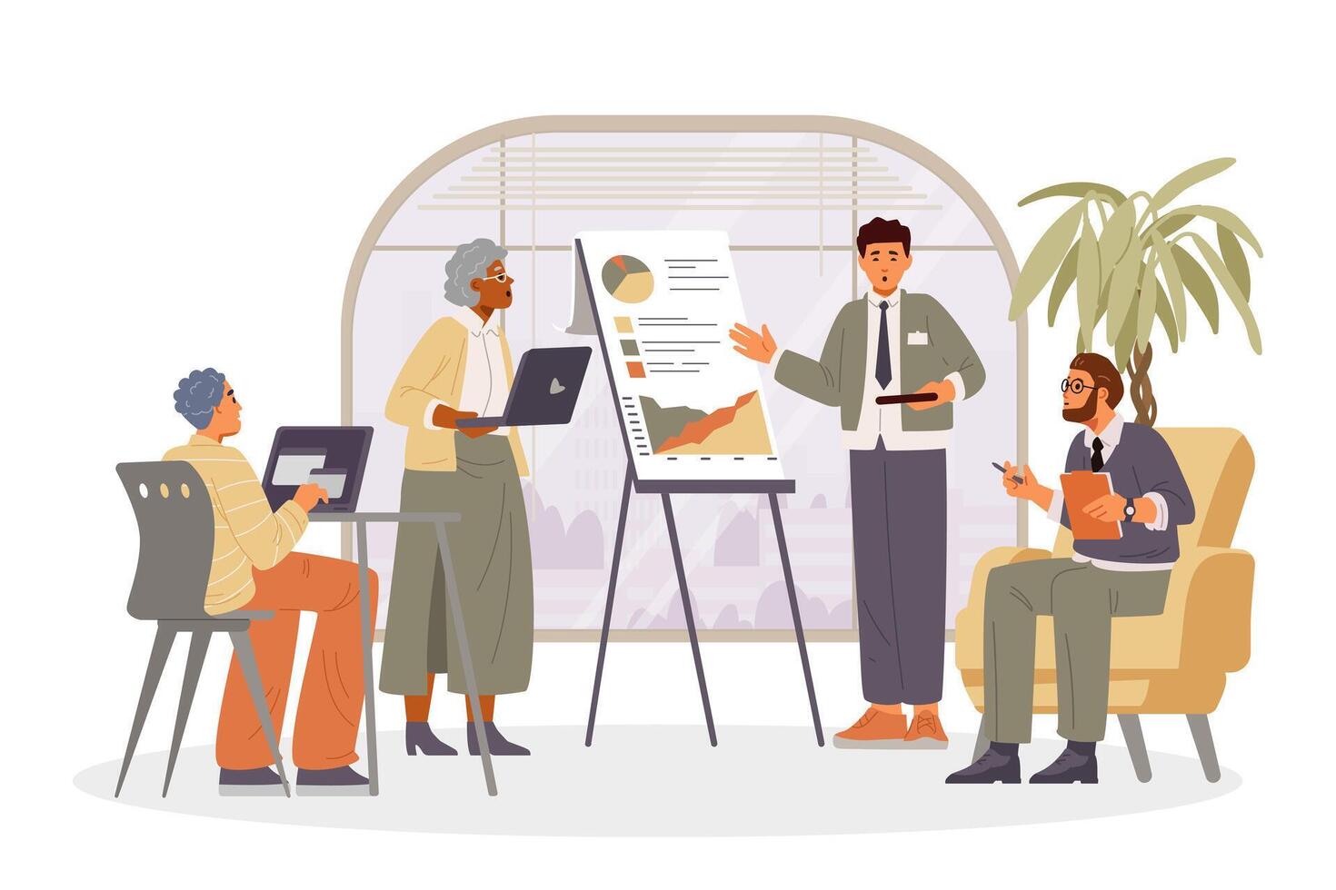 Business team discussing project metrics vector