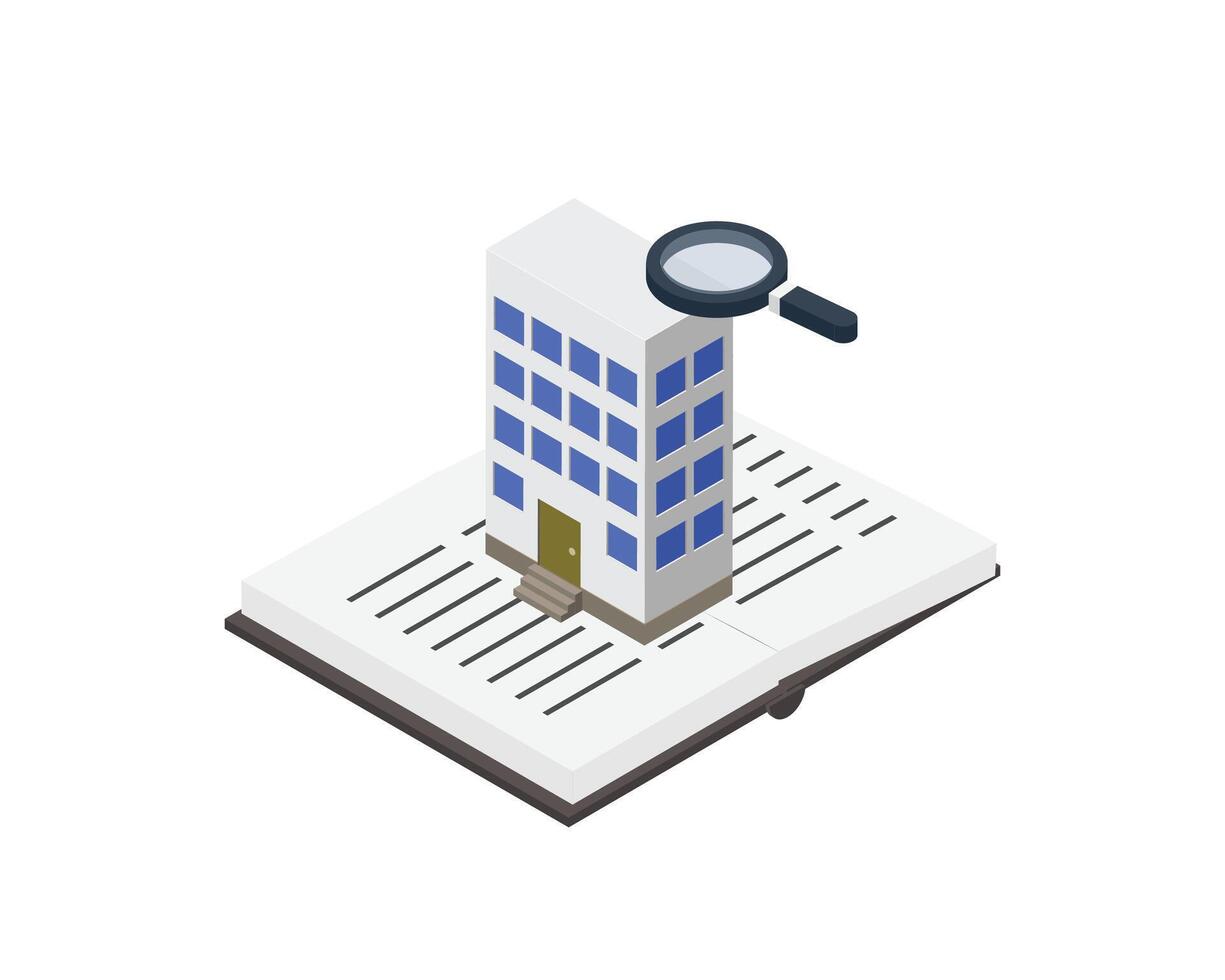 Isometric Building on Open Book with Magnifying Glass for Research vector