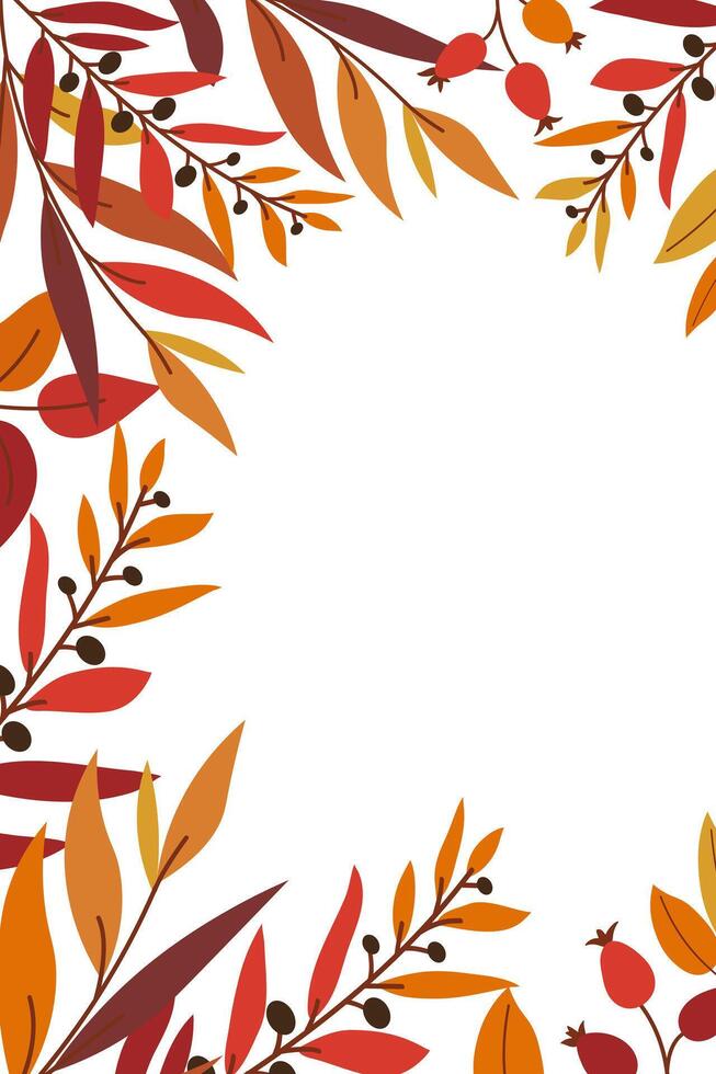 Autumnal vertical layout with drawing twigs and berries in flat style and copy space. Universal design for card, poster, cover, advertising, background vector