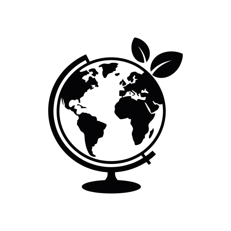 Black and white icon of a globe with two leaves on top vector
