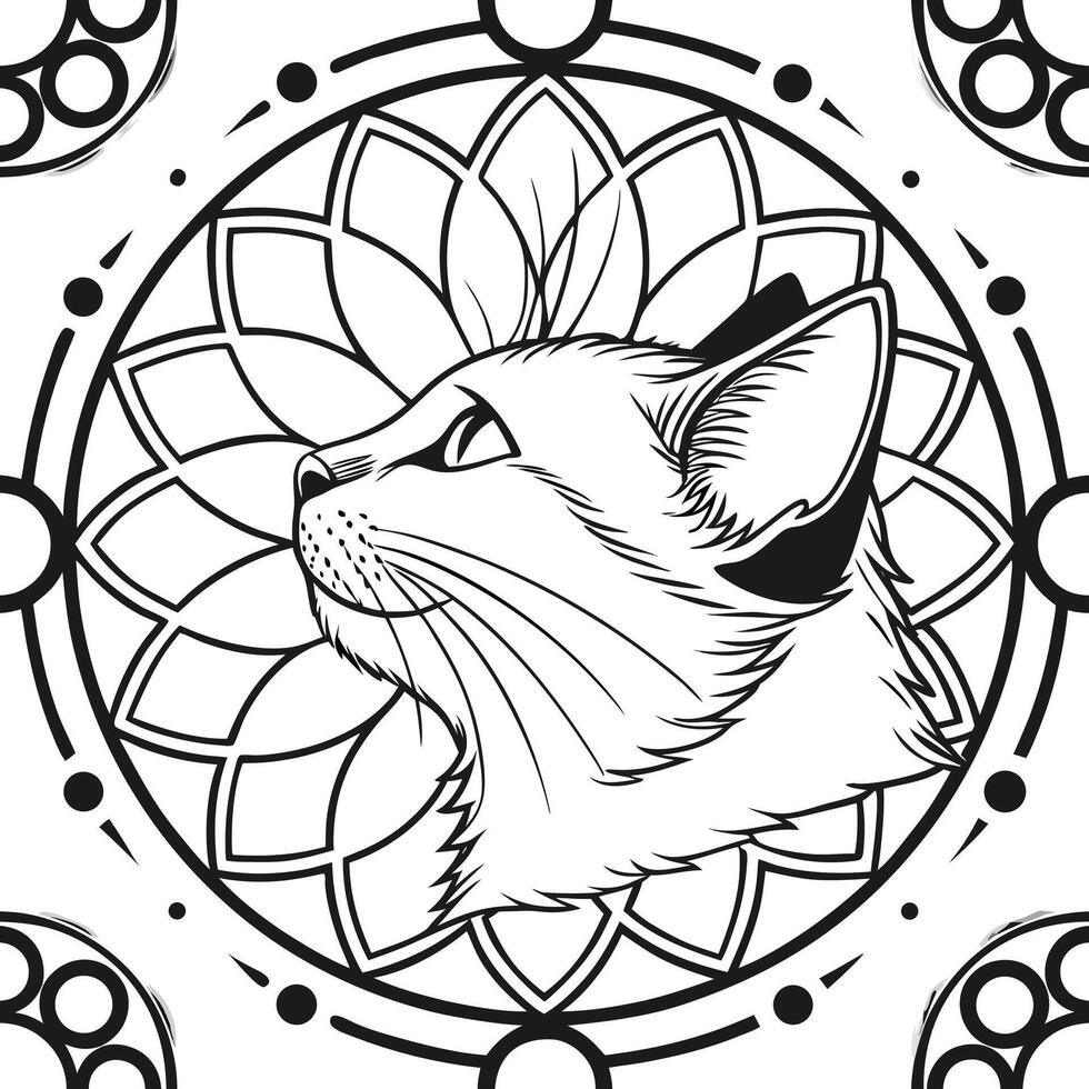 Intricate symmetrical cat face mandala design with a serene and calm expression featuring detailed floral and geometric patterns in vibrant colors vector