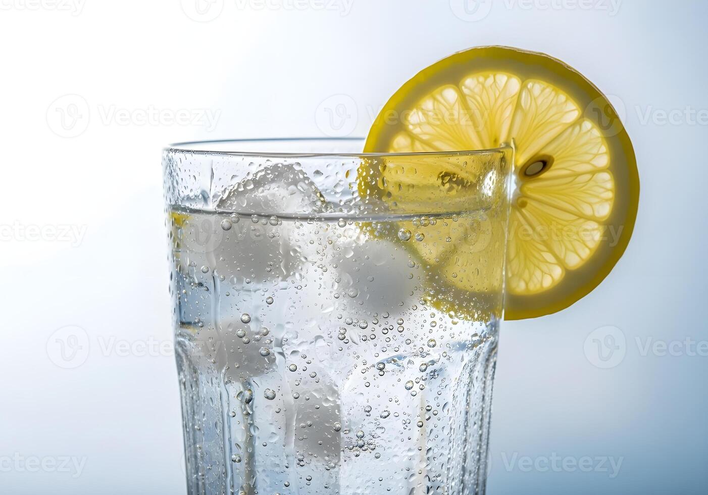 Crystal clear carbonated water with sparkling bubbles and frost-covered ice, garnished with a vibrant lemon slice, evoking pure, cool refreshment and healthy hydration photo