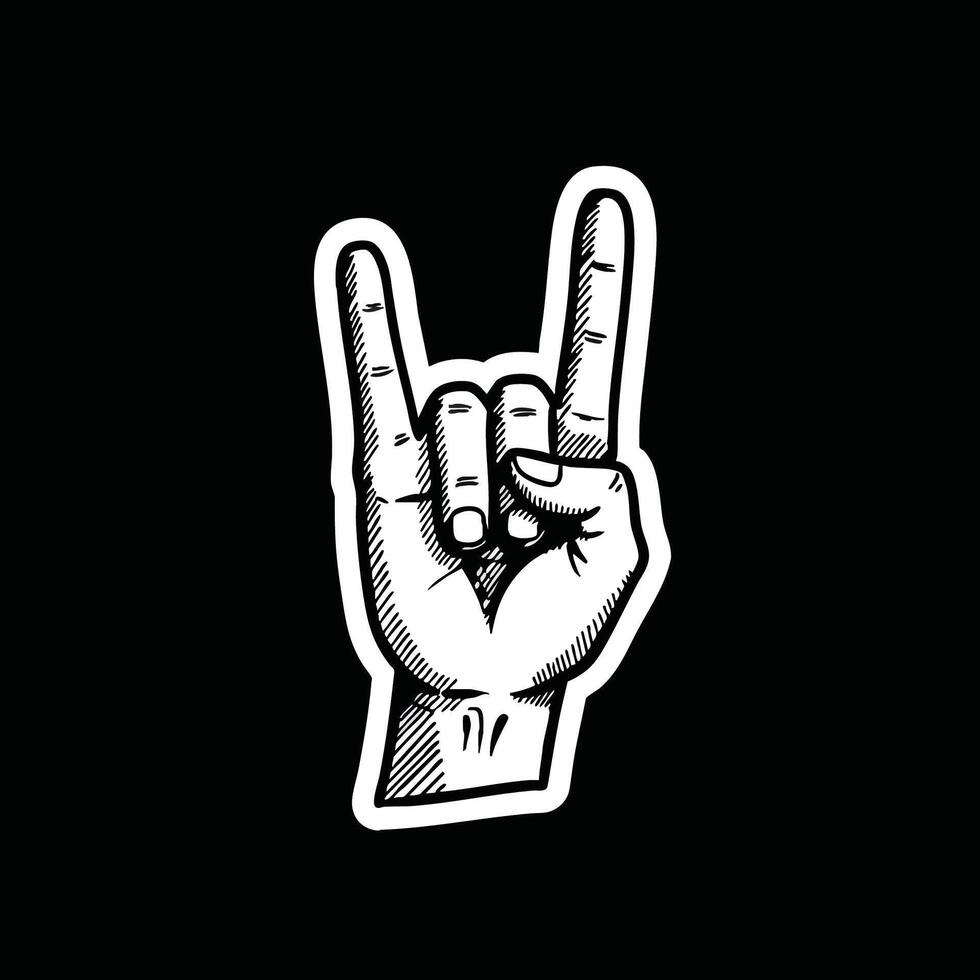 A bold, hand-drawn illustration of a hand making the iconic rock and roll gesture, symbolizing rebellion, music, and enthusiastic expression on a dark background vector