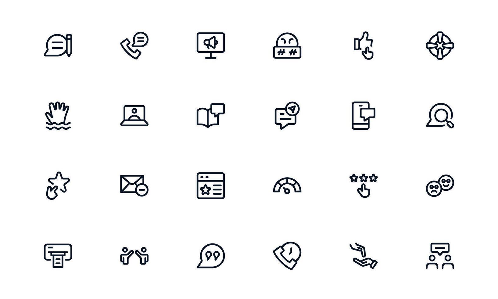 Customer Support Service icon set showing help desk, live chat, and ticket management for resolving client queries efficiently vector