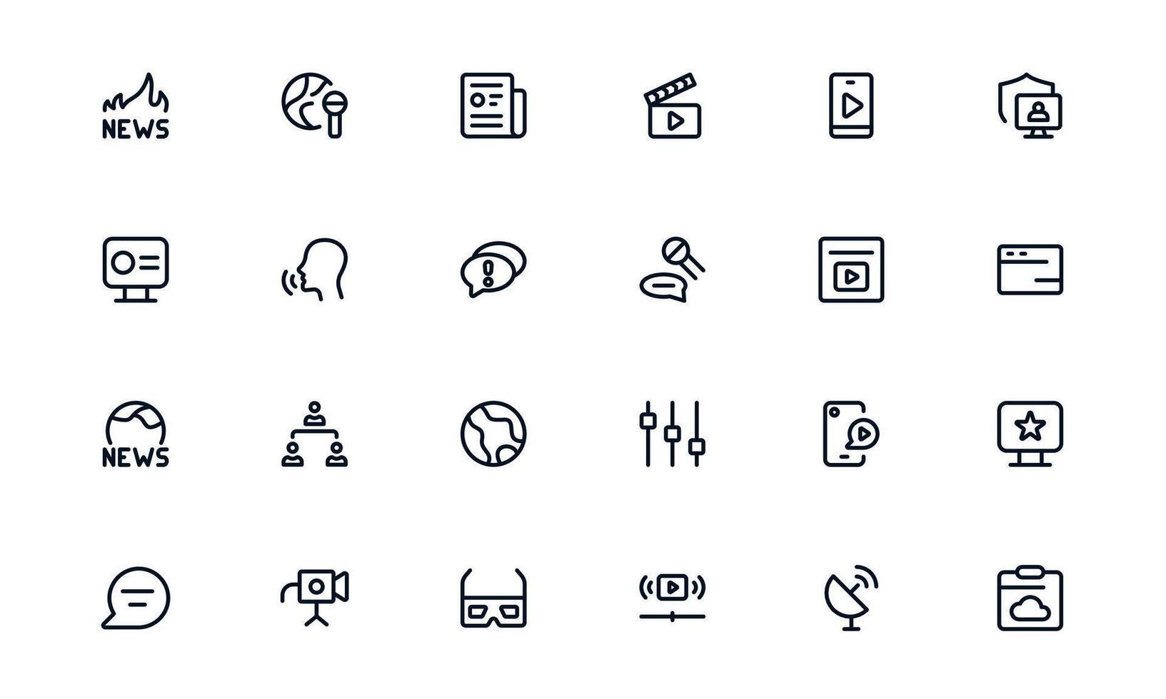 Media icon set depicting , audio, and publishing tools for broadcasting and communication vector