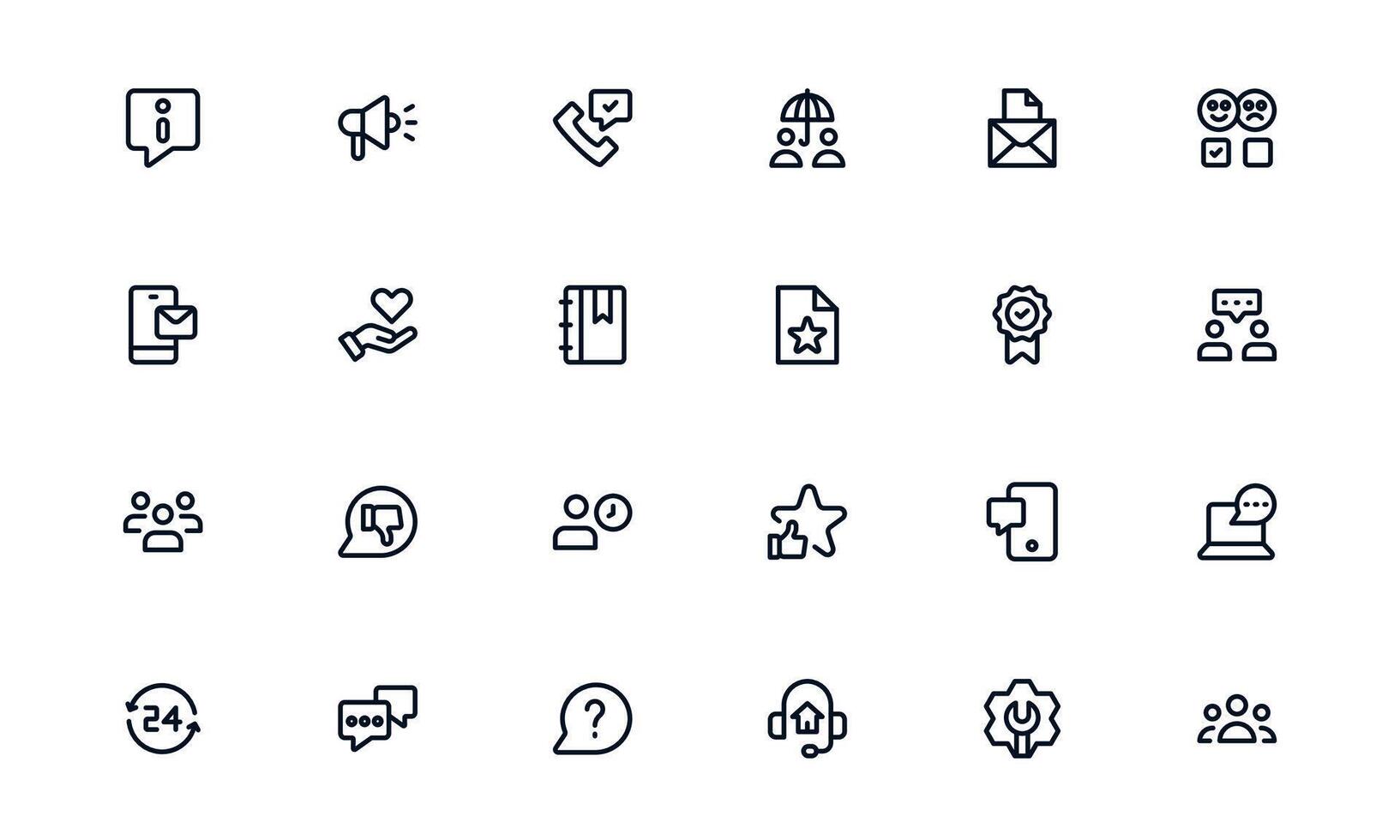 Customer Support Service icon set depicting call center operations, customer care agents, and support workflow for smooth assistance vector