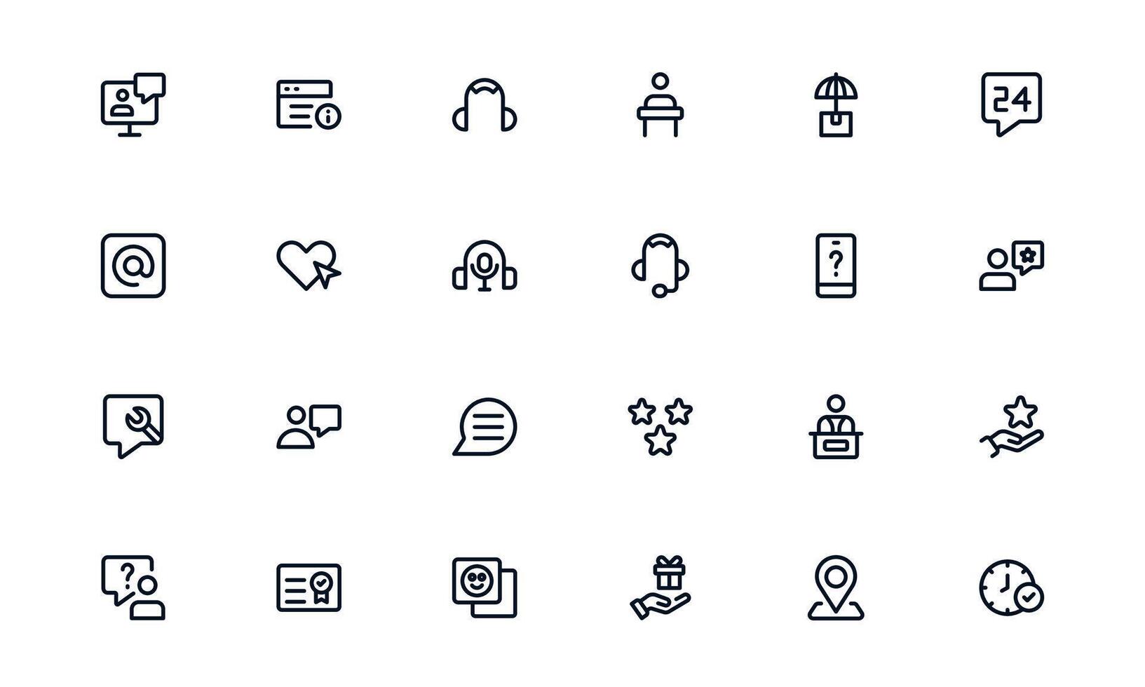 Customer Support Service icon set representing query management, live assistance, and communication tools for effective customer help vector