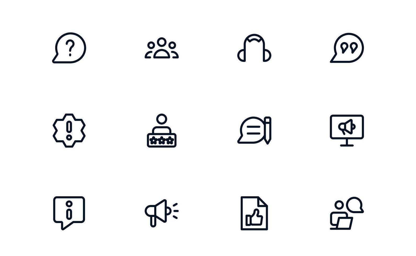 Customer Support Service icon set depicting call center, live chat, and support workflow for user assistance vector