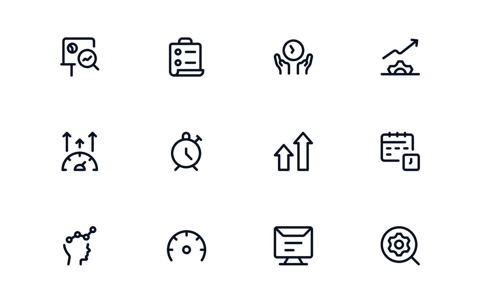 Productivity icon set showing reminder tools, workflow management, and progress visualization for personal efficiency tracking vector