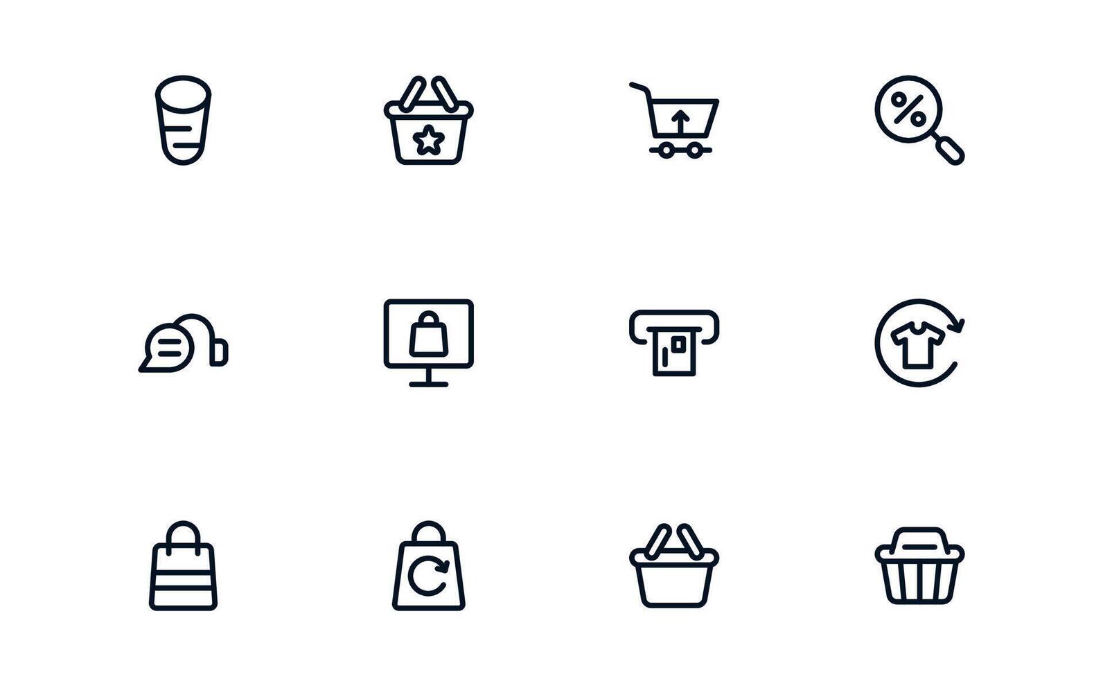 Shopping clean icons for e-commerce apps, cart systems, and online purchase user interfaces vector