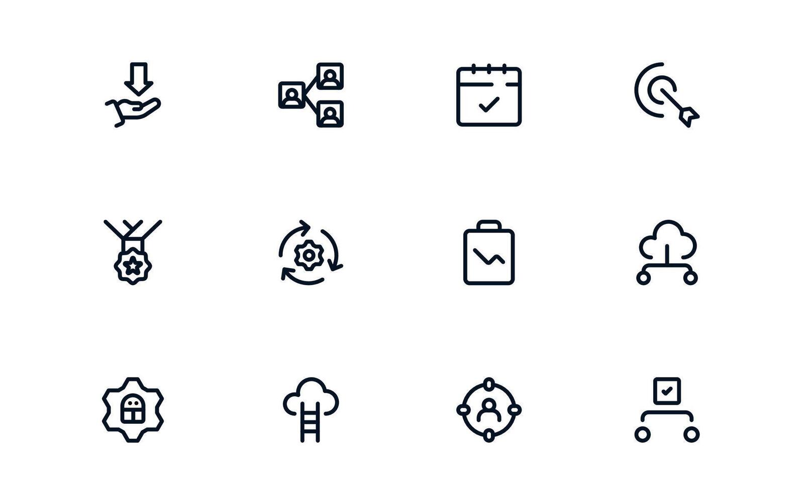 Productivity icon set representing goal achievement, routine management, and project execution for high-performance results vector