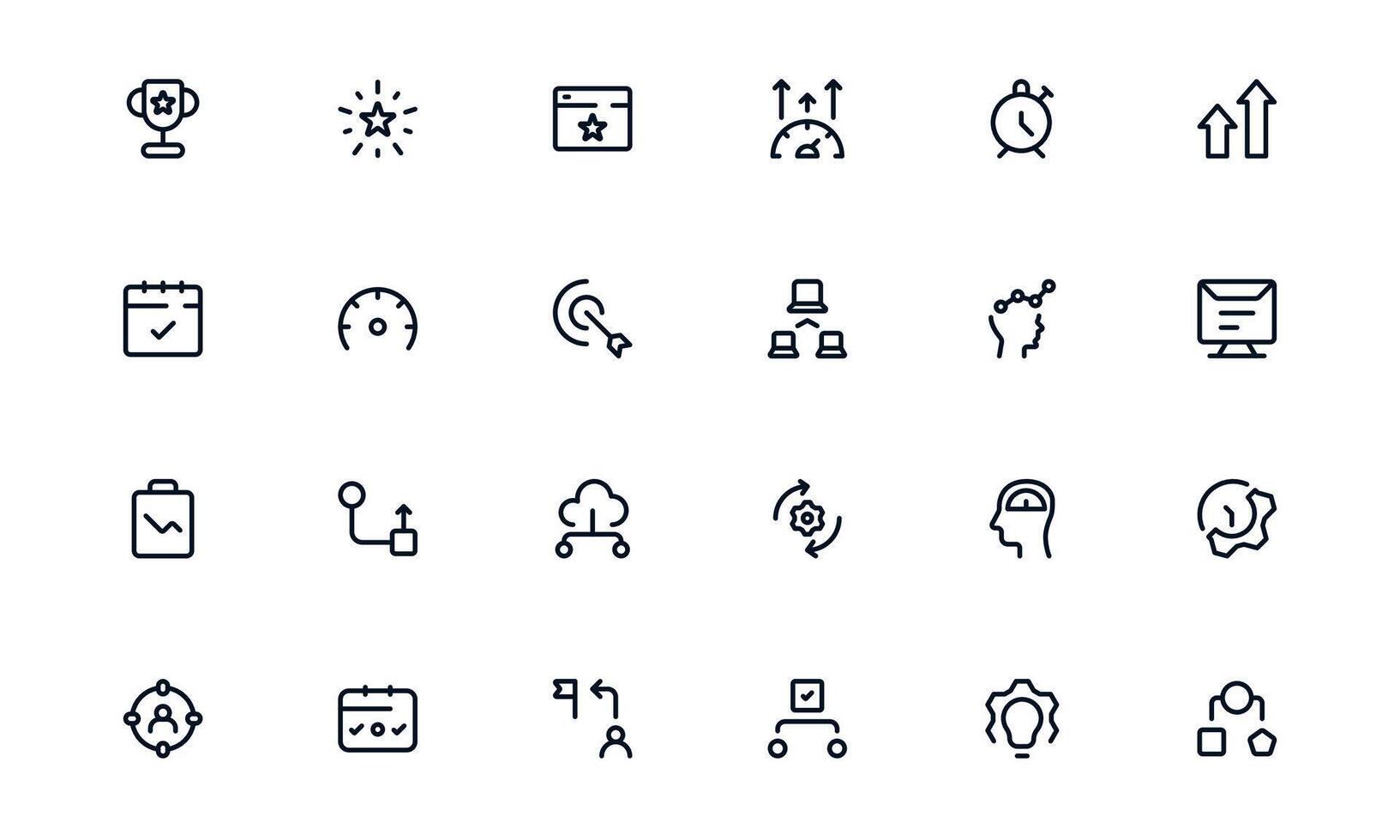Productivity icon set highlighting task division, focus tracking, and workflow organization for efficient goal achievement vector