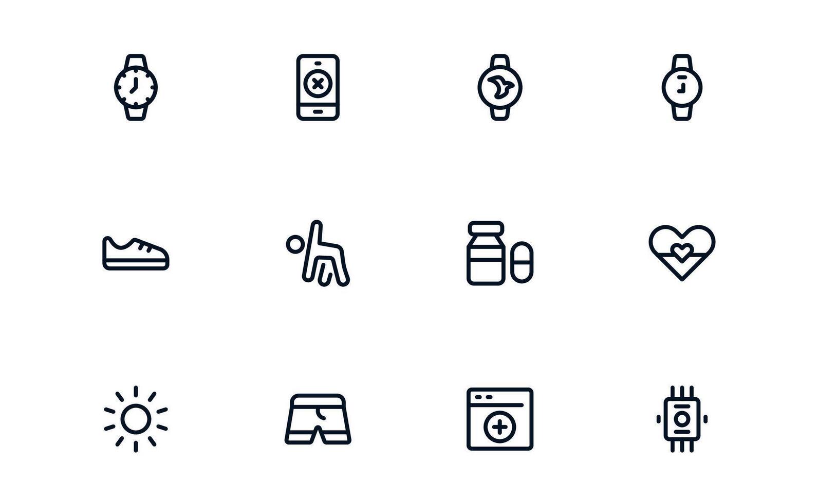 Health Tracker icon set depicting workout routines, heart monitoring, nutrition intake, and hydration tracking for balanced health tracking vector