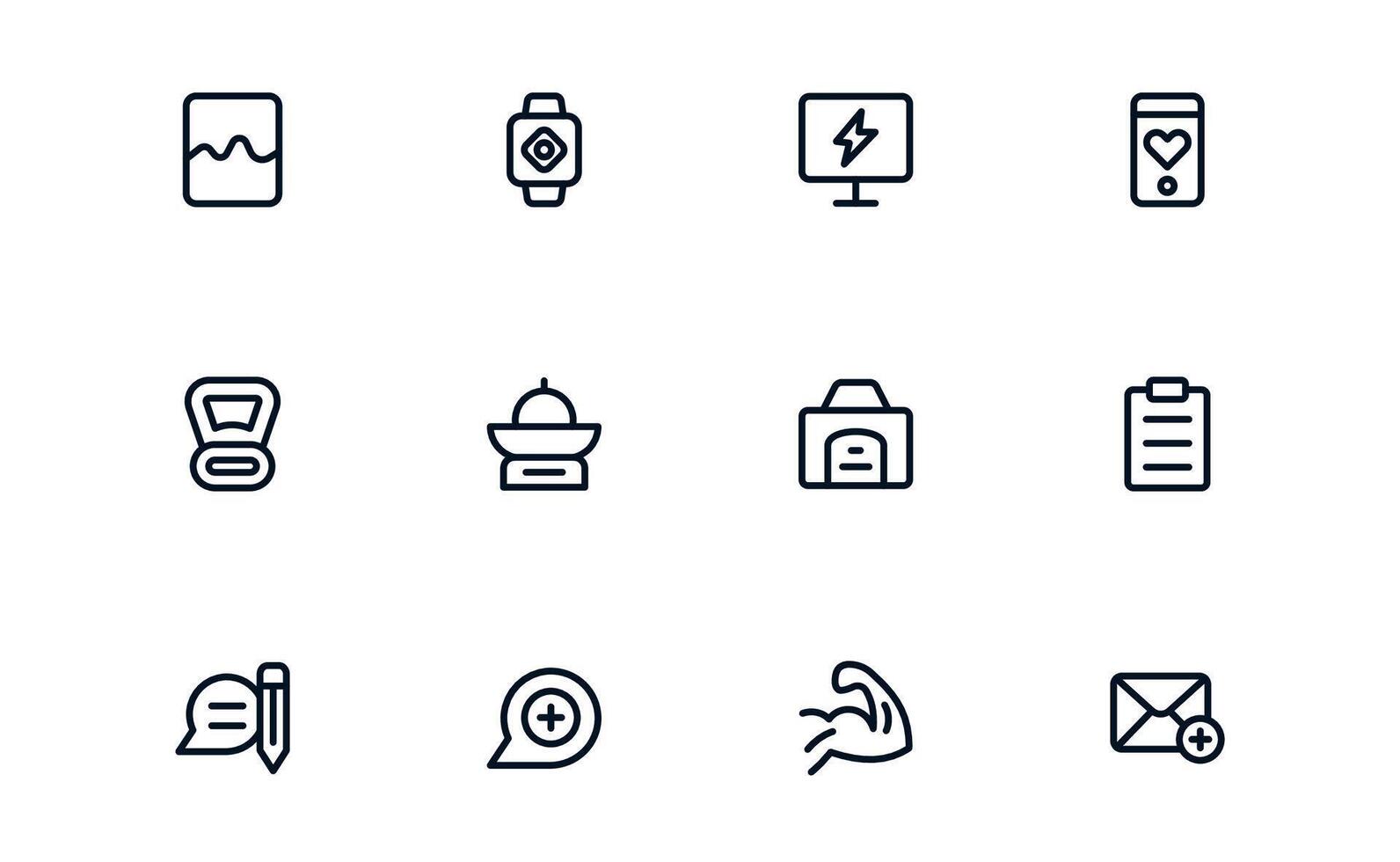 Health Tracker icon set representing daily activity tracking, hydration, workout sessions, and vital statistics for effective health monitoring vector