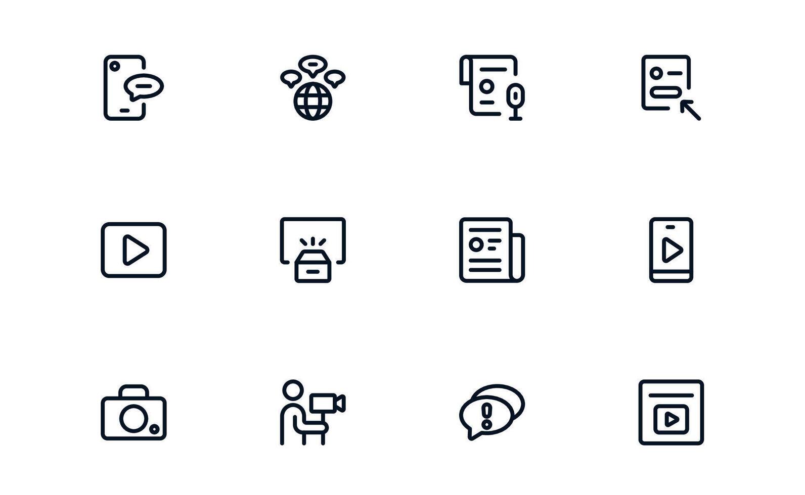 Media icon set highlighting streaming, audio broadcasting, and content management for digital platforms vector
