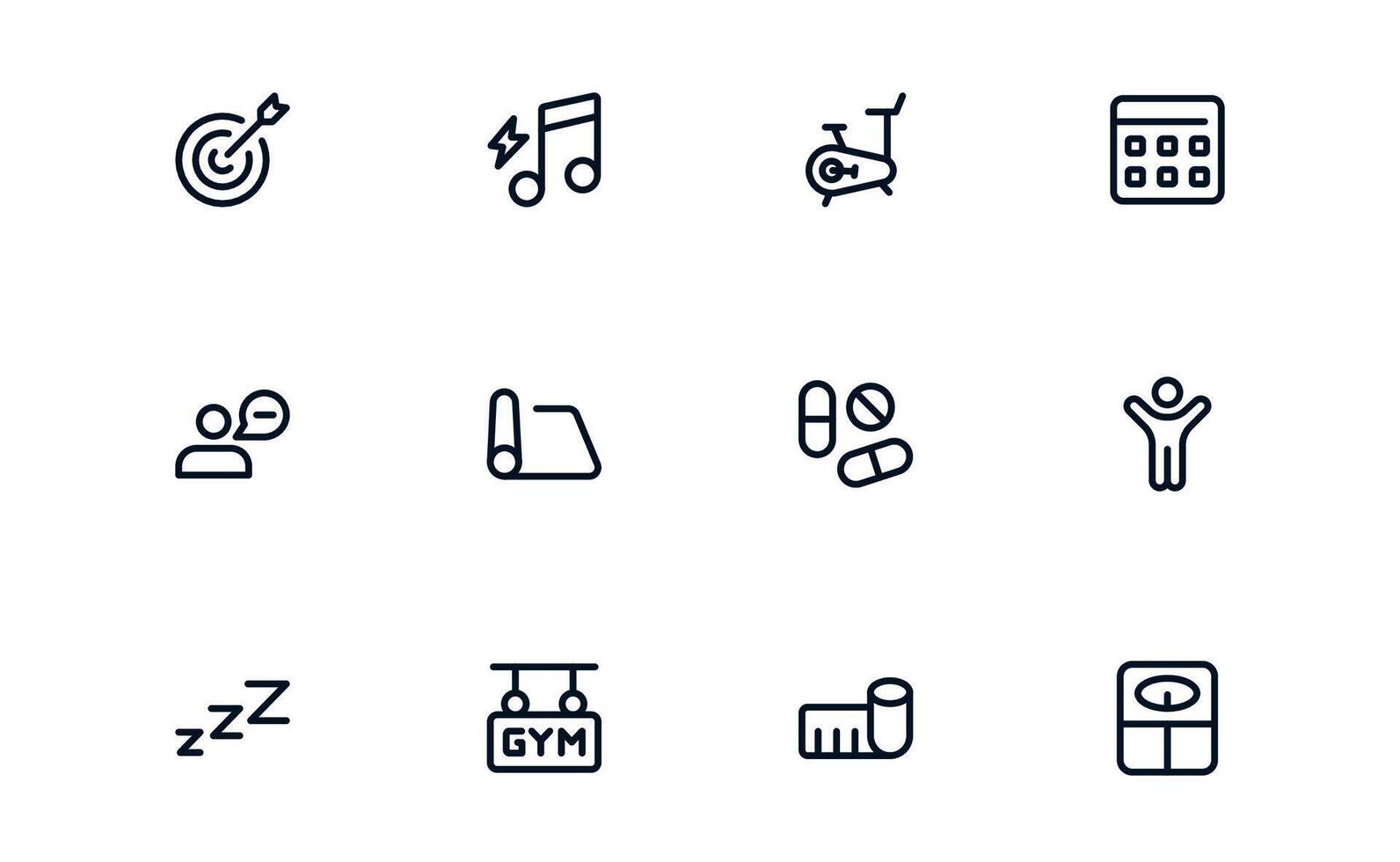 Health Tracker icon set showing medical records, workout tracking, hydration logging, and step monitoring for complete health management vector