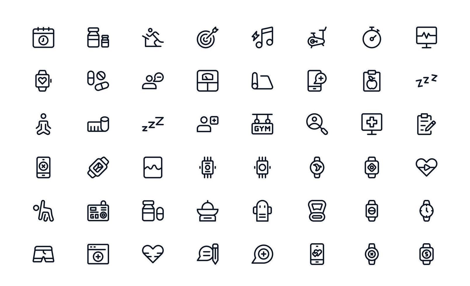 Health Tracker icon set representing daily fitness logging, heart rate monitoring, nutrition planning, and activity analysis for optimal wellness vector