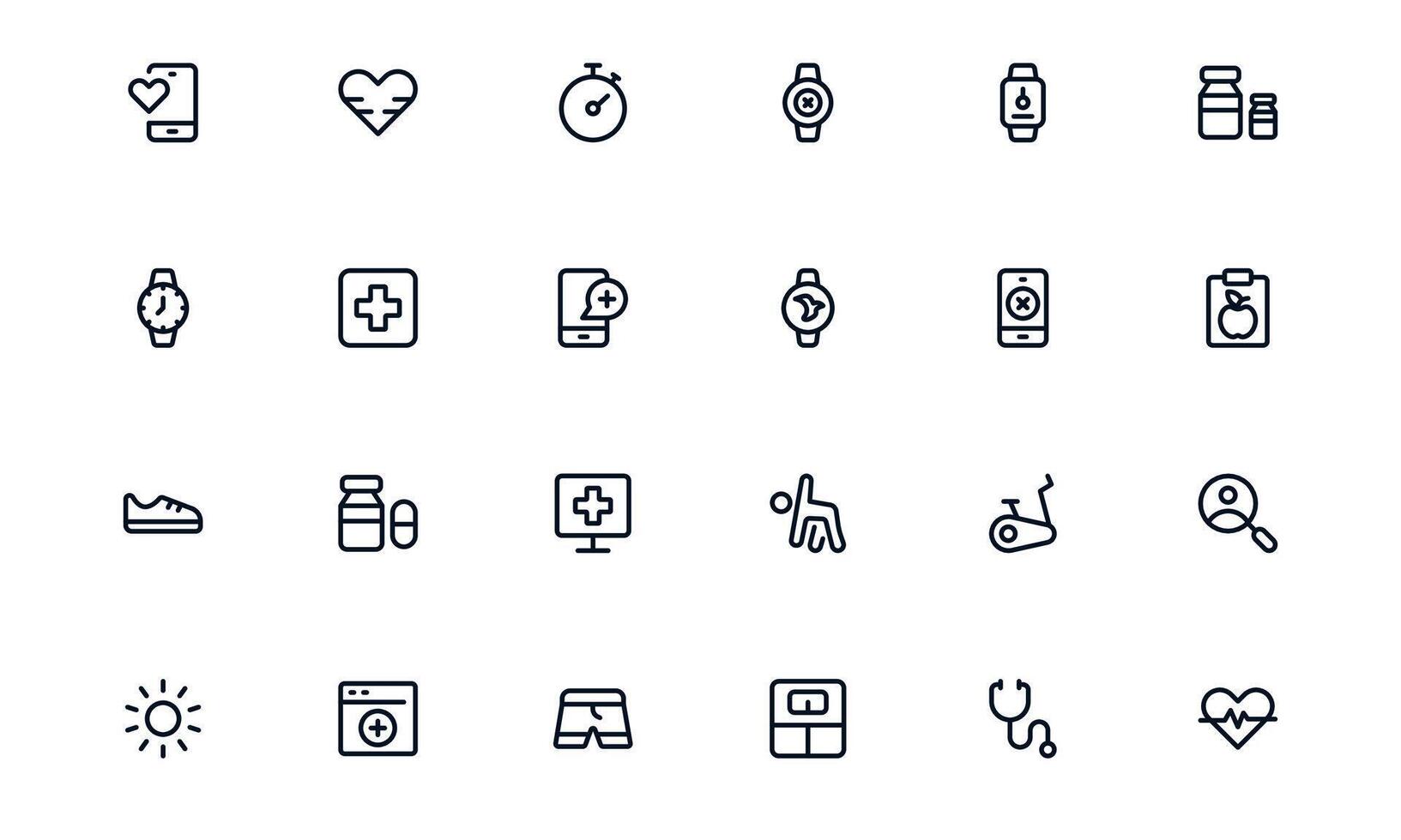 Health Tracker icon set representing daily step tracking, exercise logging, sleep monitoring, and calorie analysis for personal health improvement vector