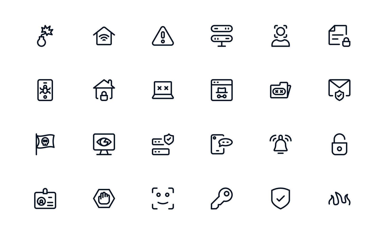 Security icon set showing threat detection, alert notifications, and monitoring for protected systems vector