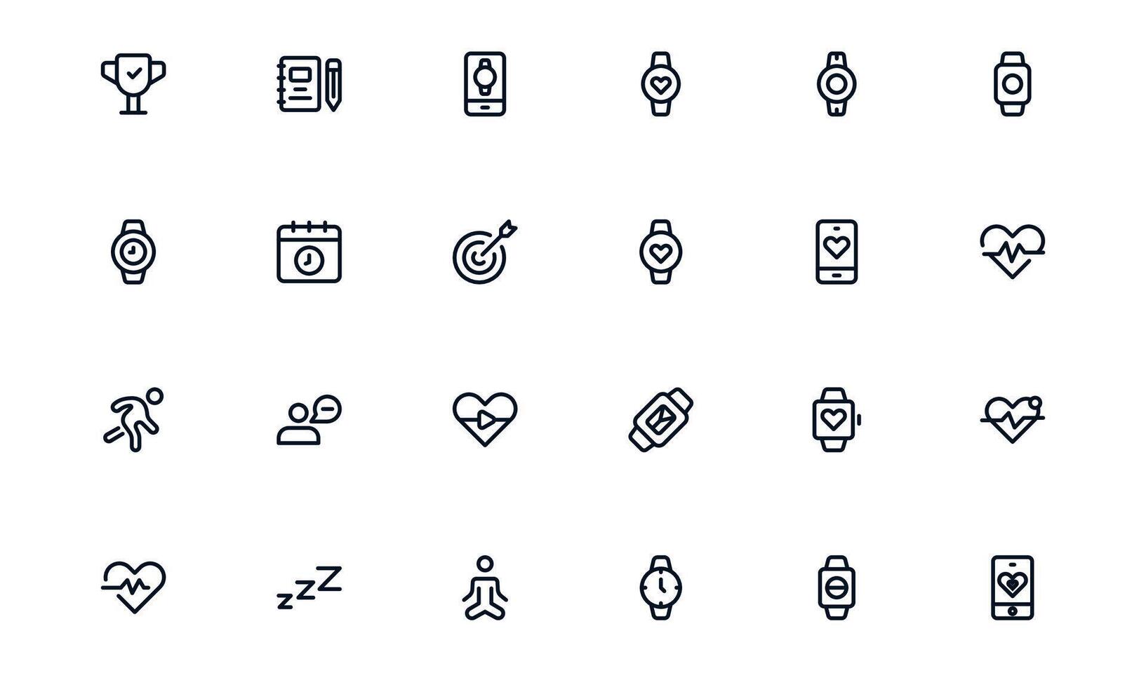 Health Tracker icon set representing medical checkups, hydration monitoring, fitness progress, and daily activity tracking vector