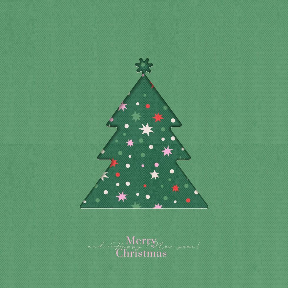 Christmas tree paper cutting card. Merry Christmas kraft cardboard with hole in pine tree shape with geometric pattern inside. Flat background with Green Christmas tree. illustration vector