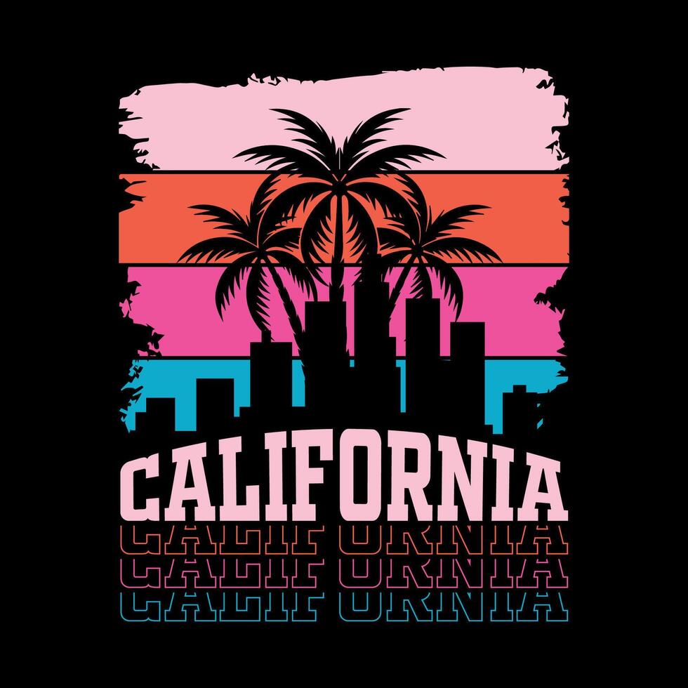 California retro skyline with palm trees and colorful abstract background, illustration vector