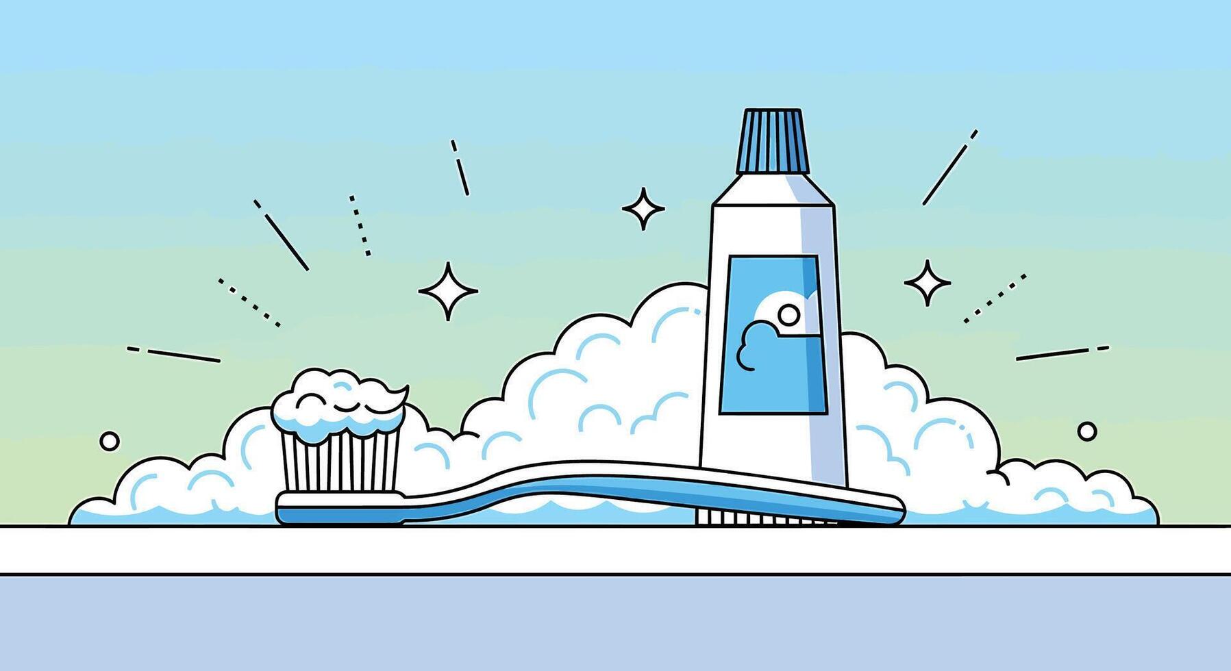 Toothbrush and toothpaste with foam and sparkles. vector