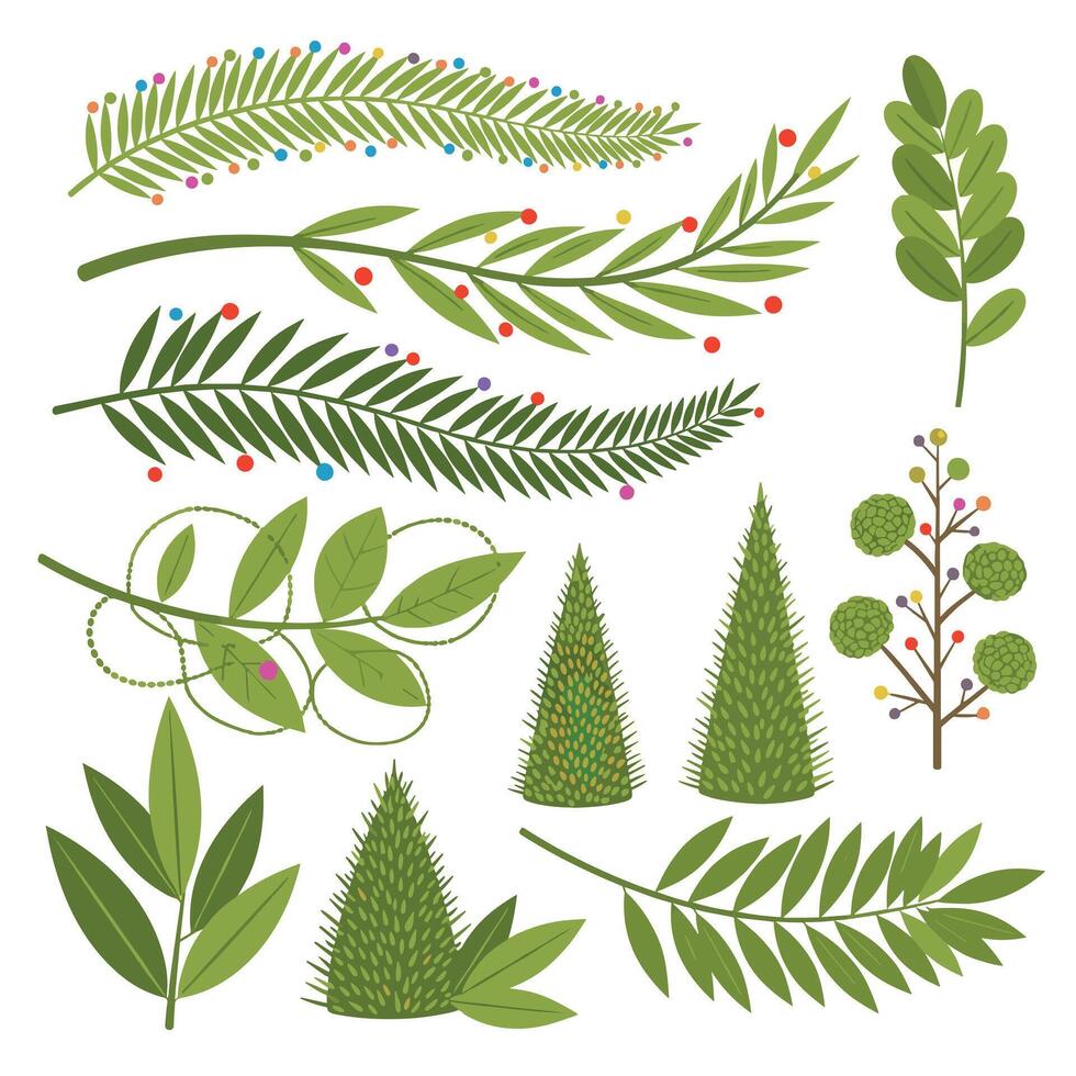 Flat illustration of diverse green botanical elements, featuring leaves, branches, and abstract trees with seasonal berries and lights on a white background. vector