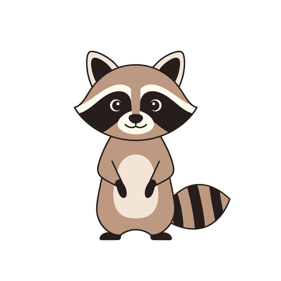Cute cartoon raccoon standing upright with a friendly expression on its face, against a plain white background, ideal for various design uses. vector