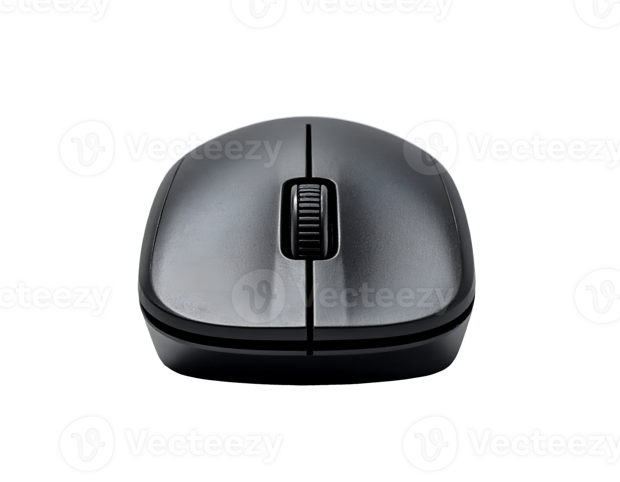 Black wireless computer mouse front view with scroll wheel and buttons, modern office peripheral device on isolated background png