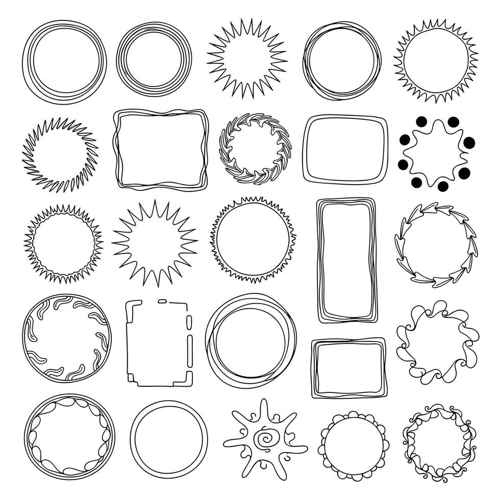 A collection of hand-drawn decorative frames and borders in various circular and rectangular shapes. vector