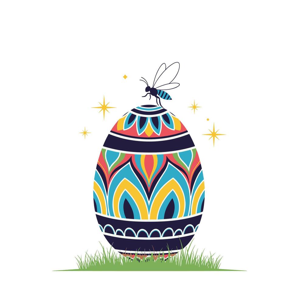 A colorful decorated Easter egg with a tiny bee on top, sparkling with stars, sitting on a patch of green grass. vector