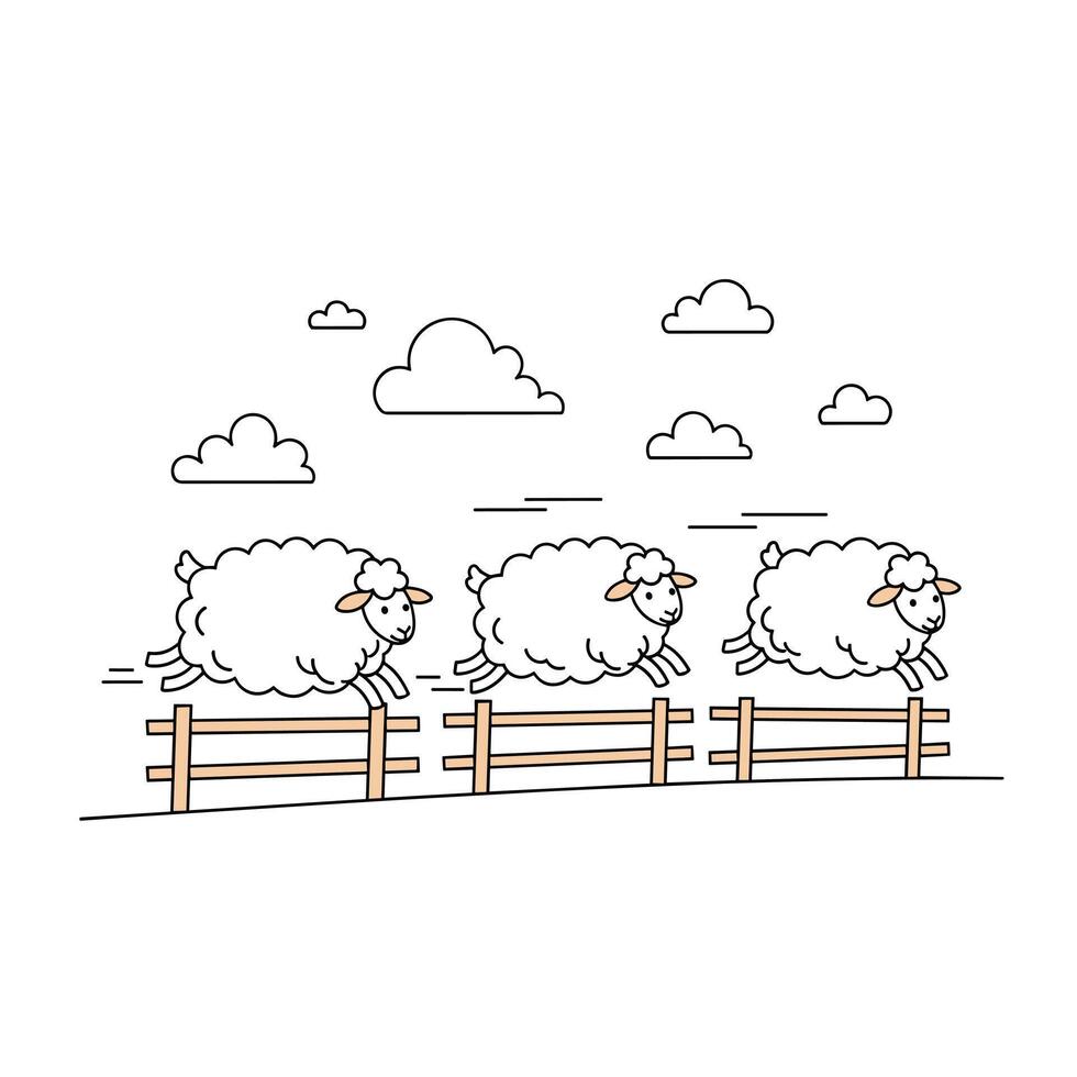 Three cartoon sheep with fluffy white wool jump over a wooden fence in a line art style, suggesting counting sheep to sleep. vector